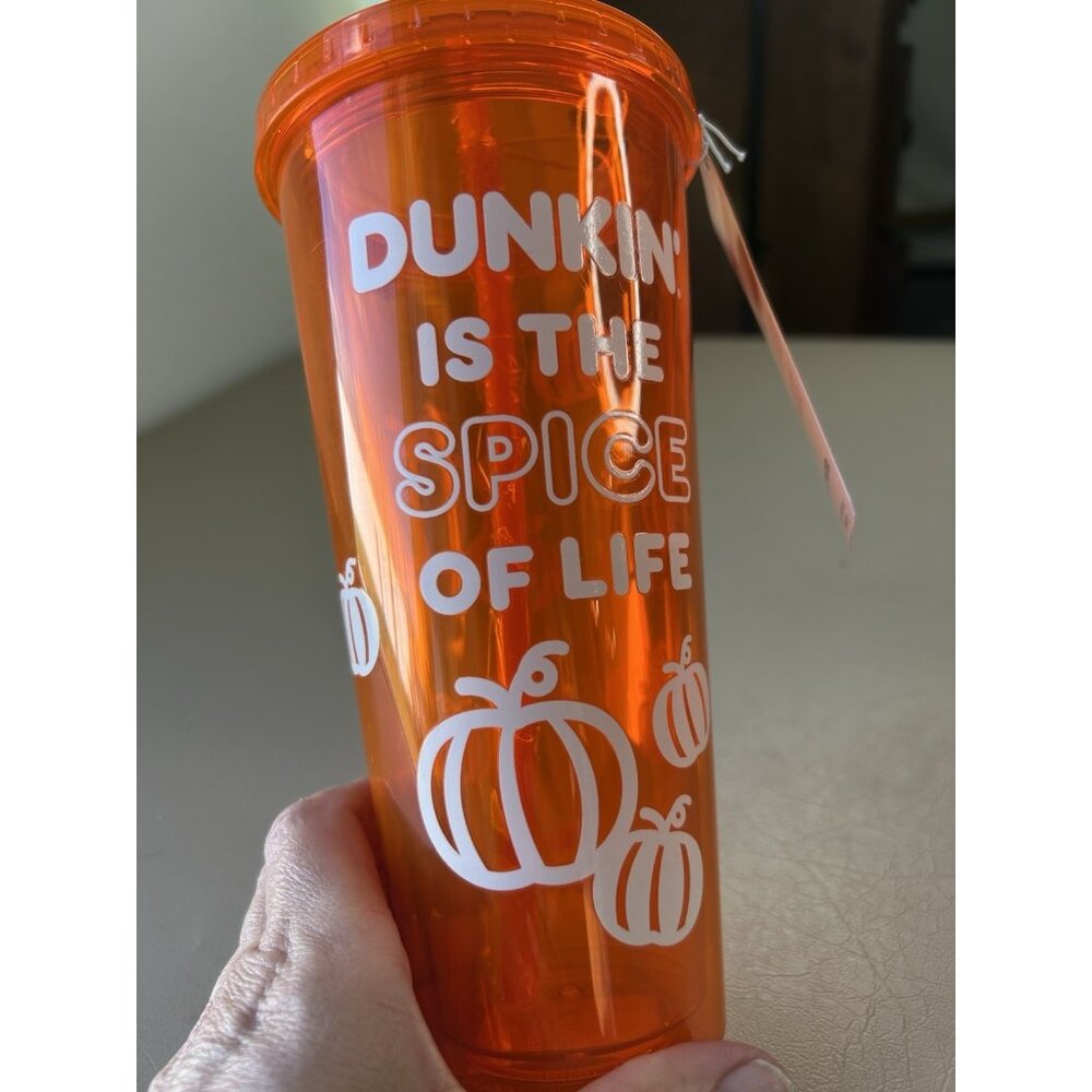 Dunkin Donuts Glow In The Dark Tumbler Cup Straw 24oz Orange Pumpkin Spice NWT - Picture 9 of 12